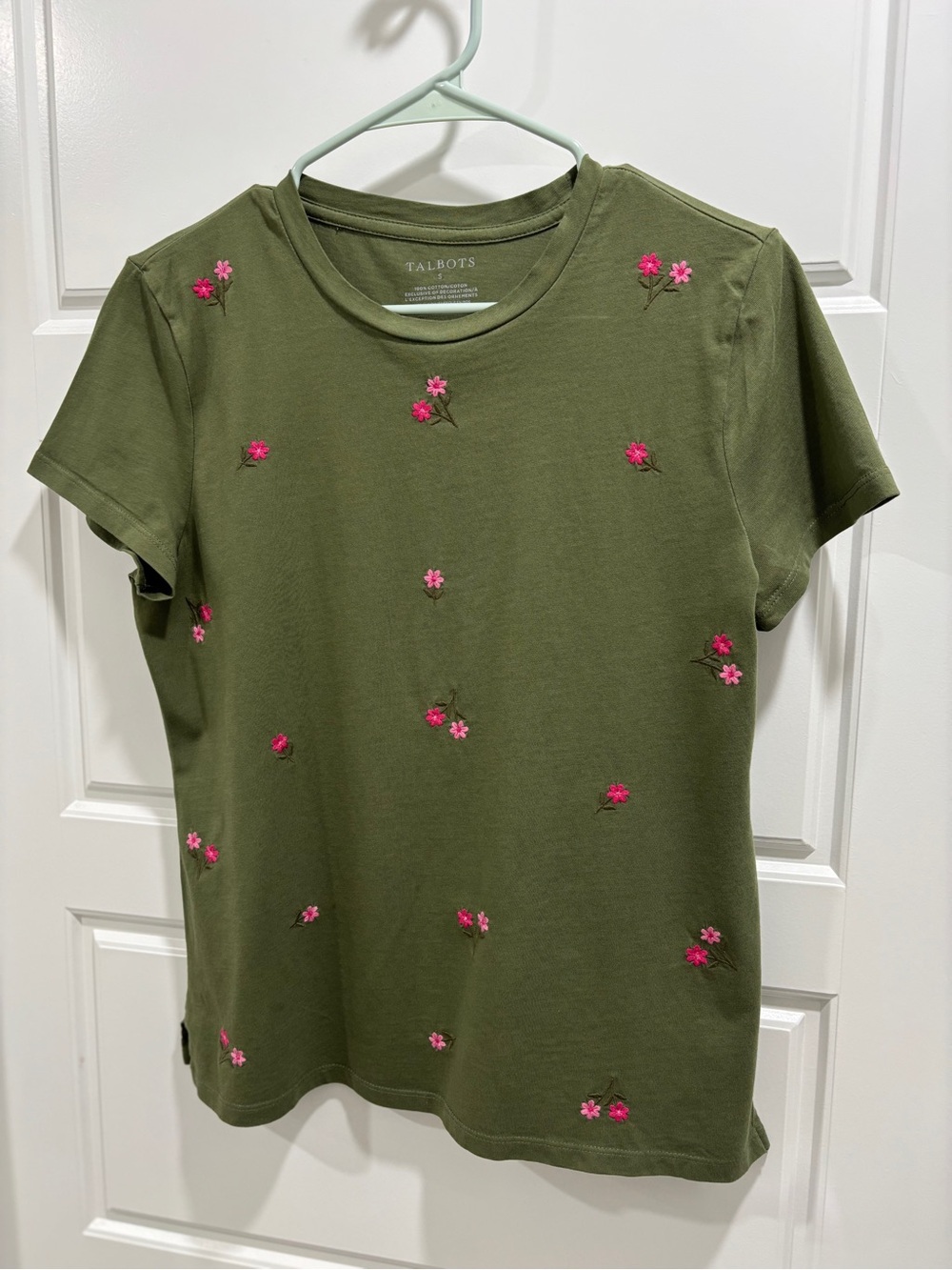 Talbots Olive Green Floral Cotton Floral Embroidered Tee Size Small